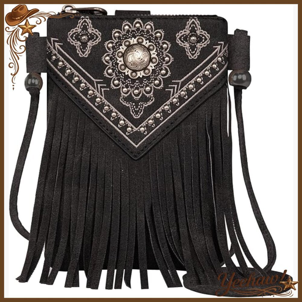 Small Crossbody Phone Purse with Fringe and Studs, Vegan Leather